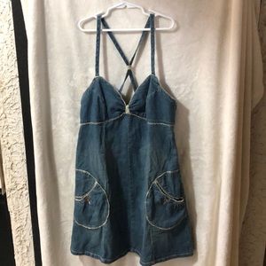 Light denim jean dress with lace detail.